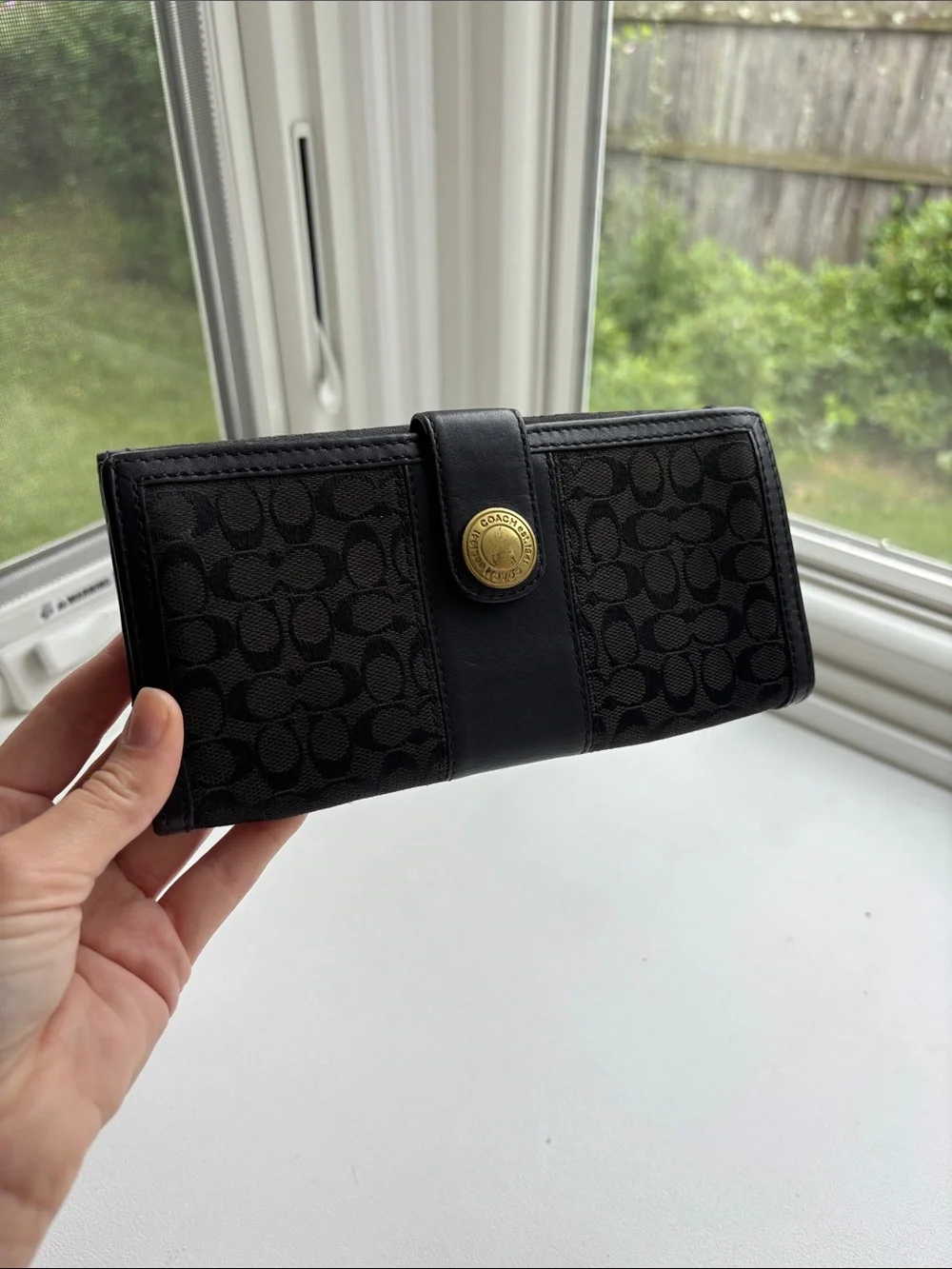 Coach Black Signature Canvas Continental Wallet with Gold Snap